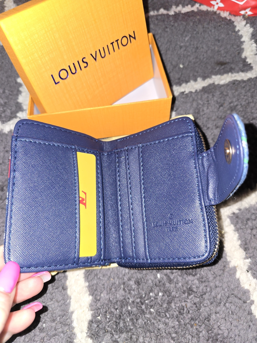 :FIRM: Cherry Monogram Denim Compact Wallet in Blue - Picture 5 of 6